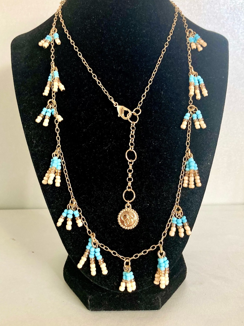 Jessica Simpson Gold-Tone preloved Necklace Turquoise Cream tone Bead Tassels
